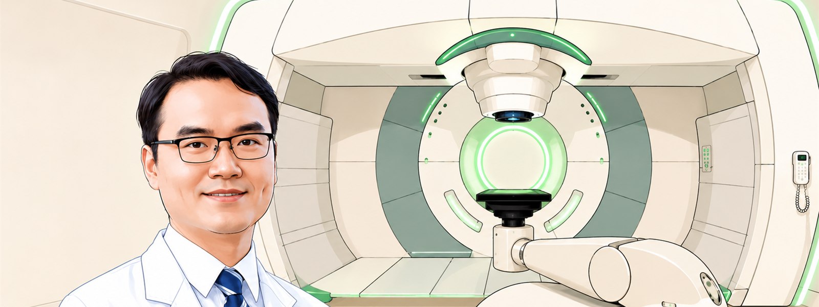 賴宥良醫師身著白袍站在質子治療室前，背景為旋轉機架、治療噴嘴與機器人治療床